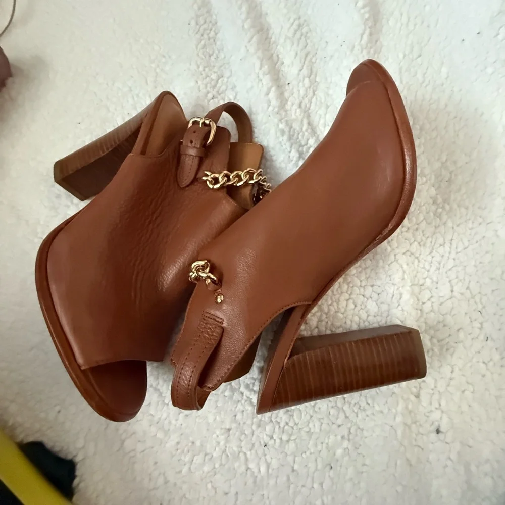 Coach block cognac peep toe pump heels with chain